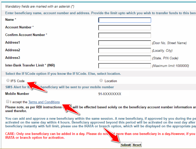 Add beneficiary account number details Online Indians